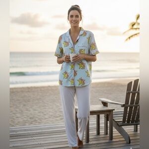 Their Nibs Floral Starfish Nautical 100% Cotton Button Down Pajama Top Size L